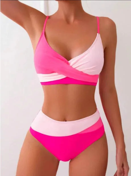 Colour contrast two-piece bikini set with top and briefs, available in yellow, blue, and red, sizes S to XL, polyester lining.