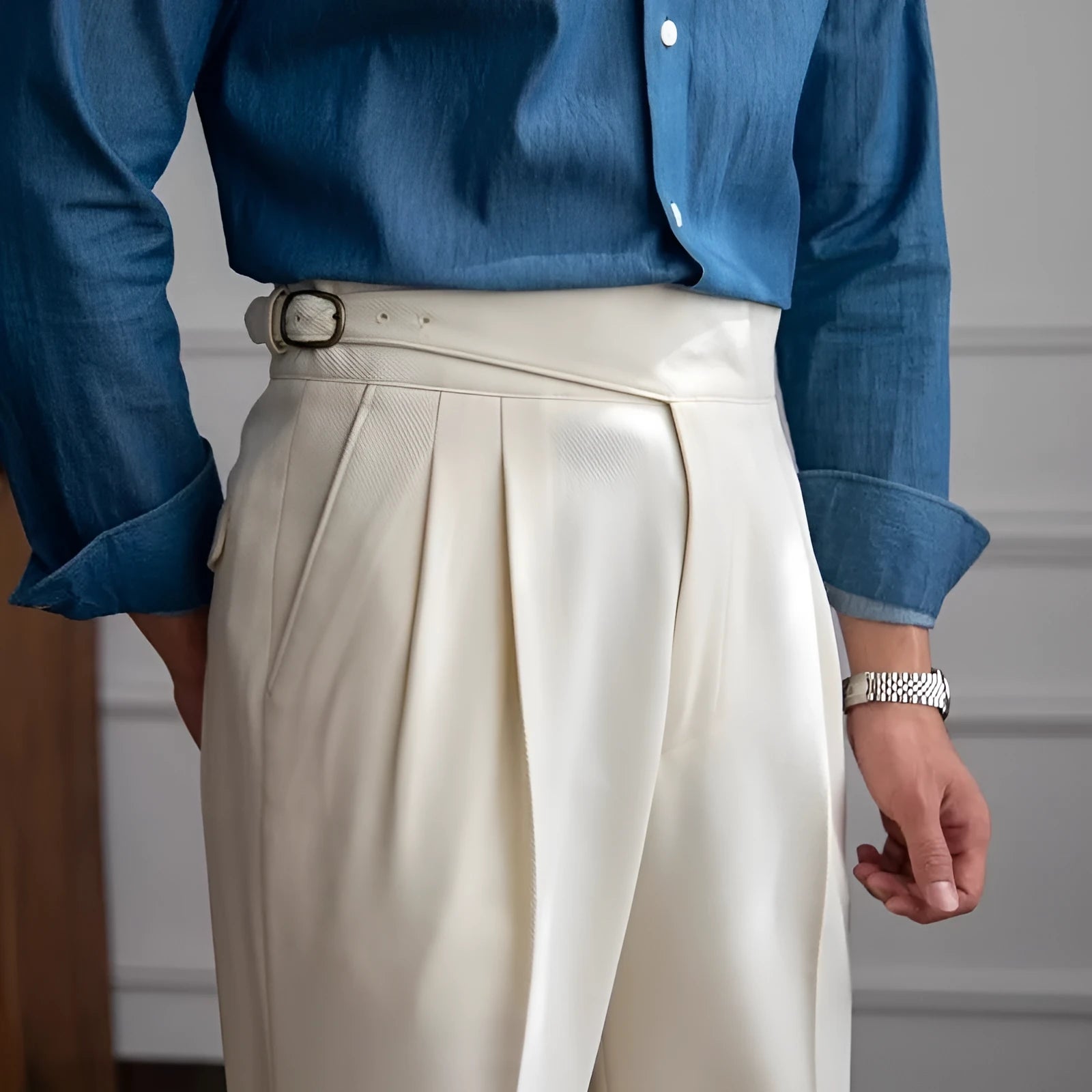 Men's high waist straight leg casual trousers in black, white, khaki, and coffee brown colours