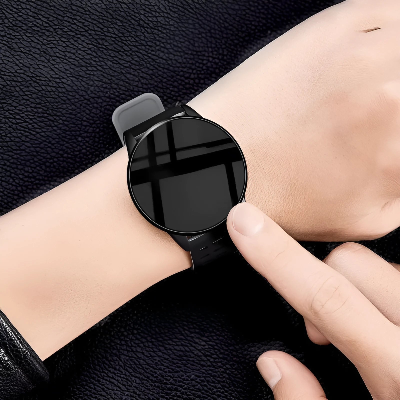 Smart watch with 1.3-inch screen showing fitness stats on black rubber strap with coloured accents