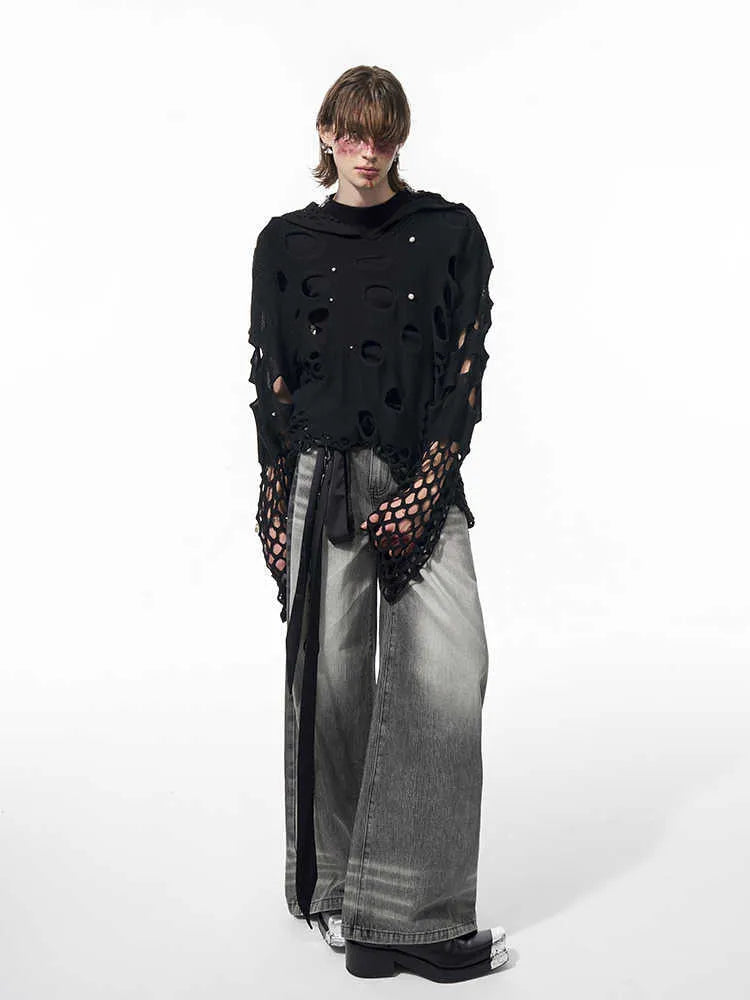 Black men's loose fit hooded sweater with hollow knit texture and pearl detail on the hood.