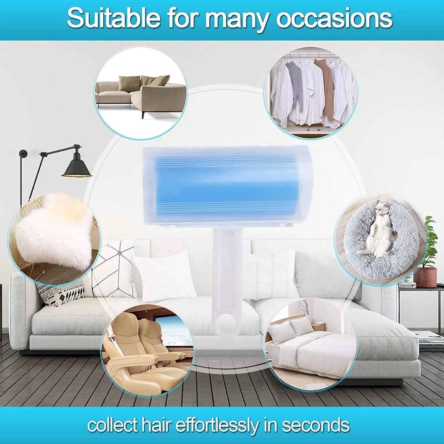 Blue washable reusable lint roller with protective cover for removing pet hair from clothes and furniture