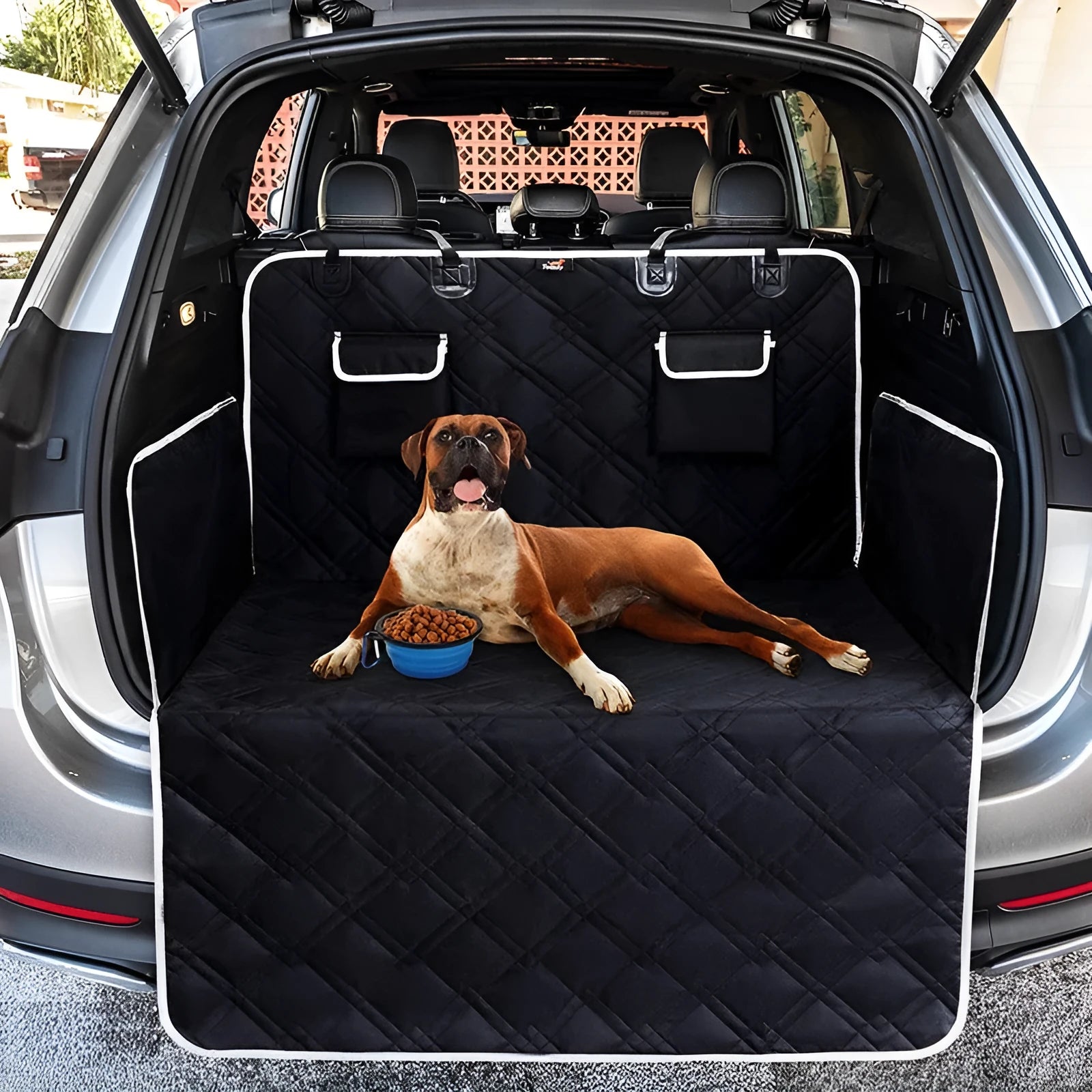 Black 600D Oxford cloth car trunk pet mat 185x103cm with pockets for dog travel