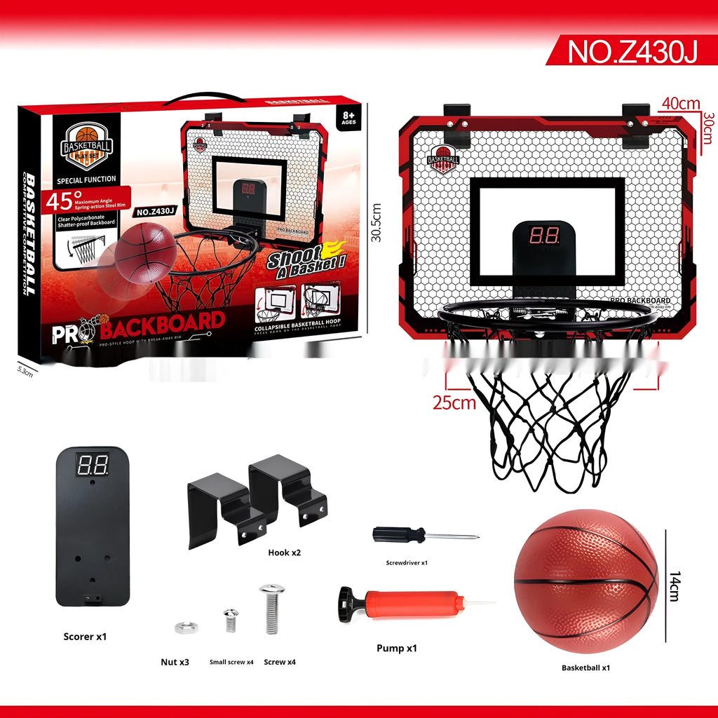 Red and blue folding basketball frame with suction cups, shown in dunking and scoring positions.