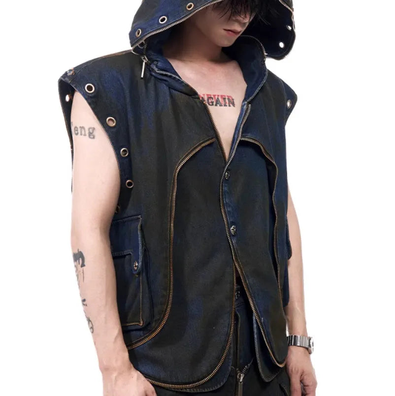 Blue hooded denim vest coat and trousers set with Korean style heavy industry deconstruction