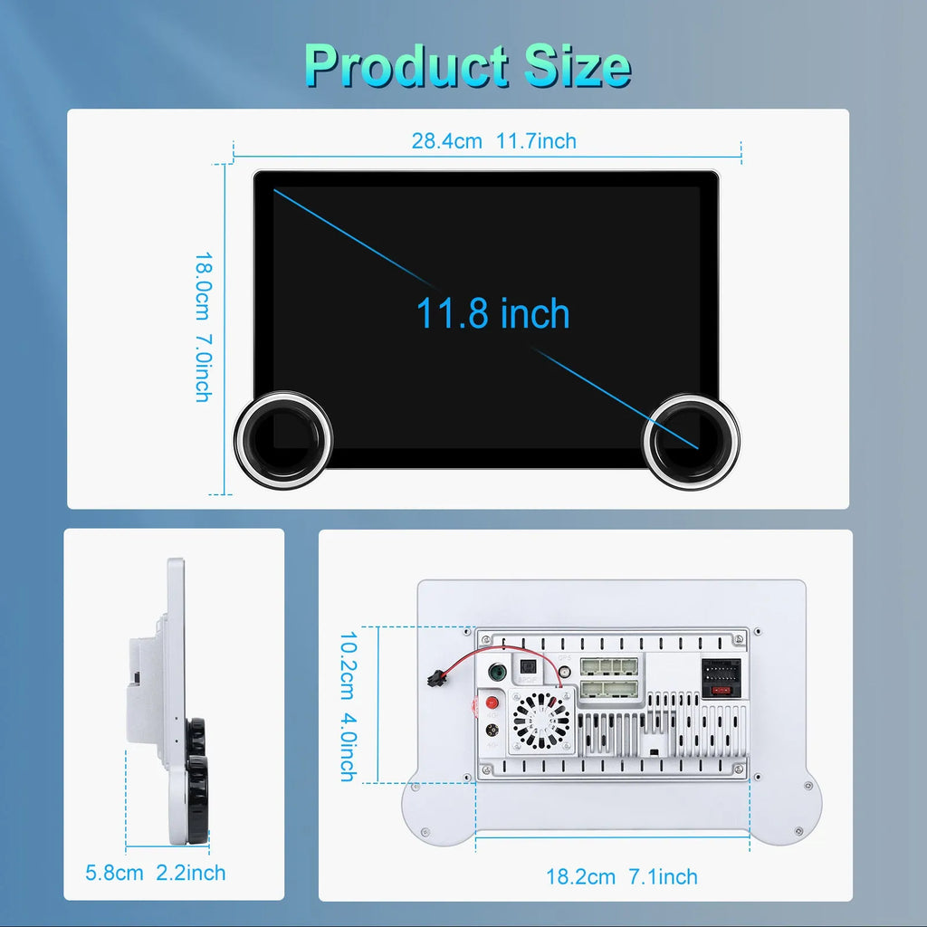 11.8-inch Android car multimedia player with double rotary knobs and wireless CarPlay connectivity