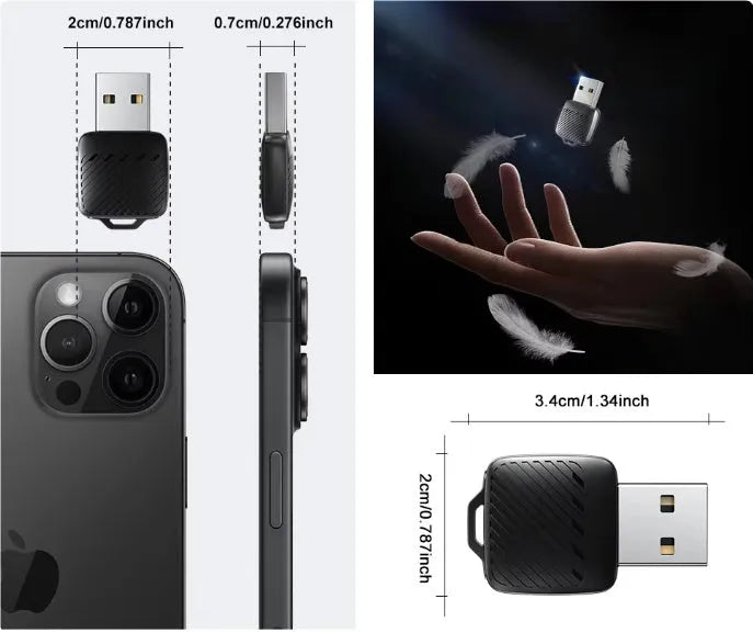 Black ABS 2-in-1 wireless CarPlay box with USB interface, 5cm x 8cm x 0.8cm, no screen