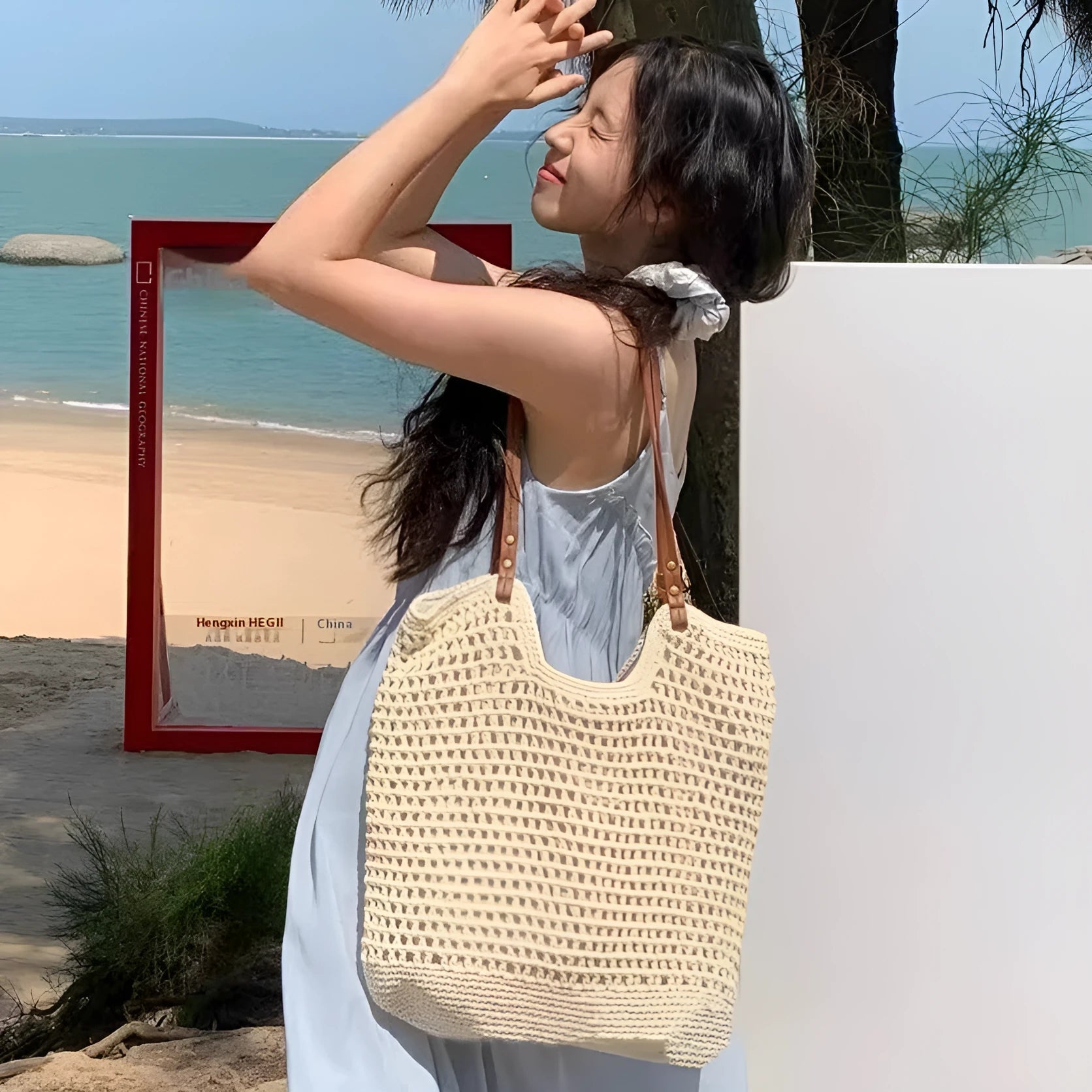Beige woven cotton linen shoulder bag with large capacity beach design