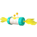 Interactive cat stick toy with blue feather ball and wobbly yellow tumbler base on a carpet.