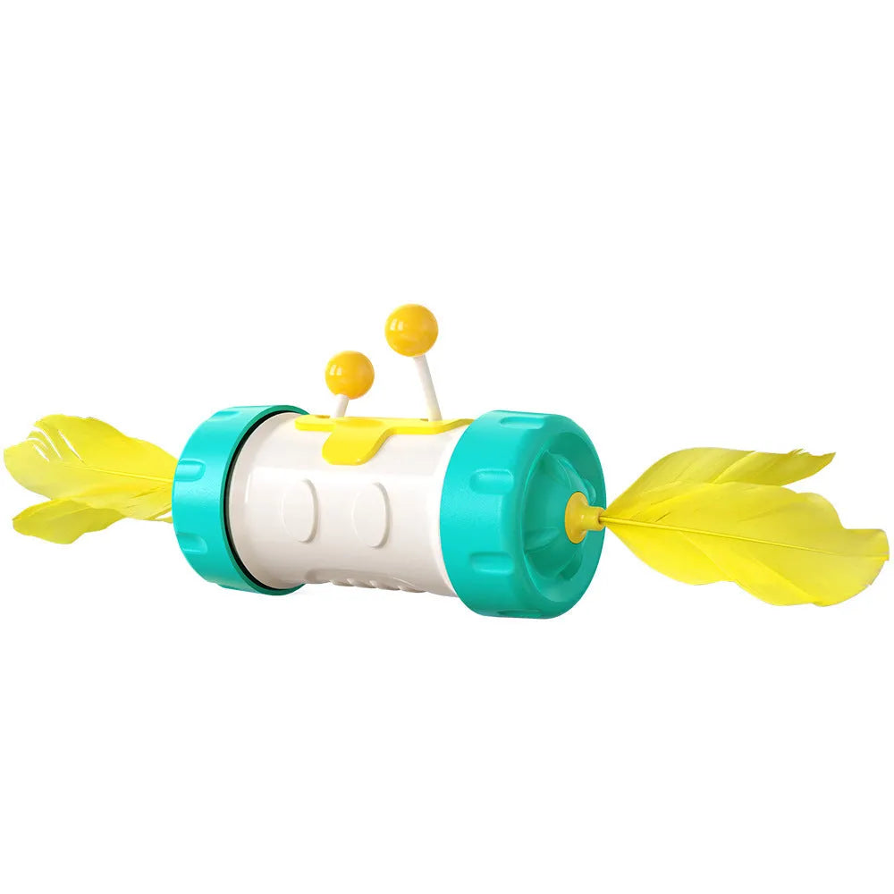 Interactive cat stick toy with blue feather ball and wobbly yellow tumbler base on a carpet.