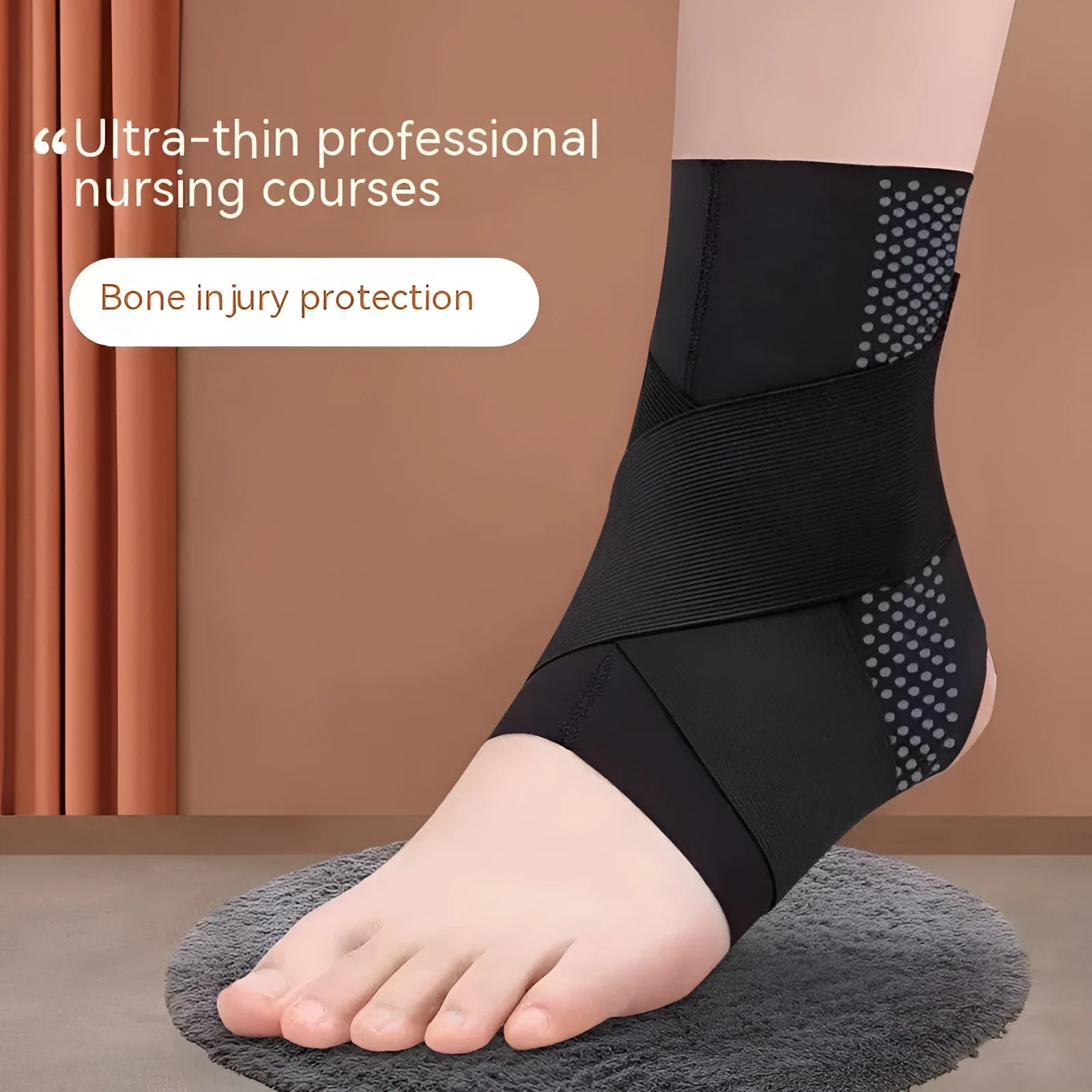 Black Lycra ankle support brace for sports and rehabilitation on an adult ankle