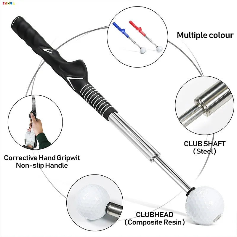 A telescopic stainless steel golf swing trainer extended to full height on a green background.