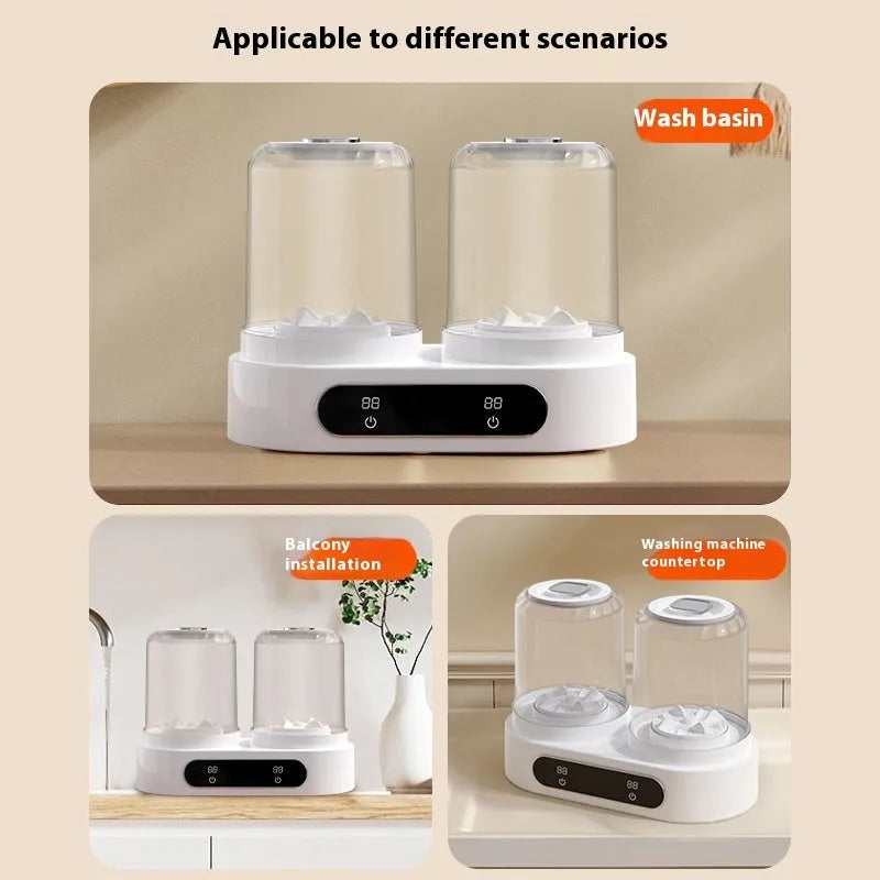 White plastic double bucket mini washing machine with USB cable for portable laundry.