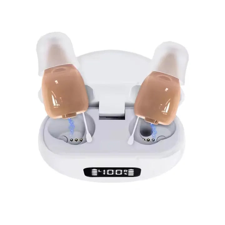 Skin colour 16-channel digital hearing aid with USB power and 12+ hour battery life