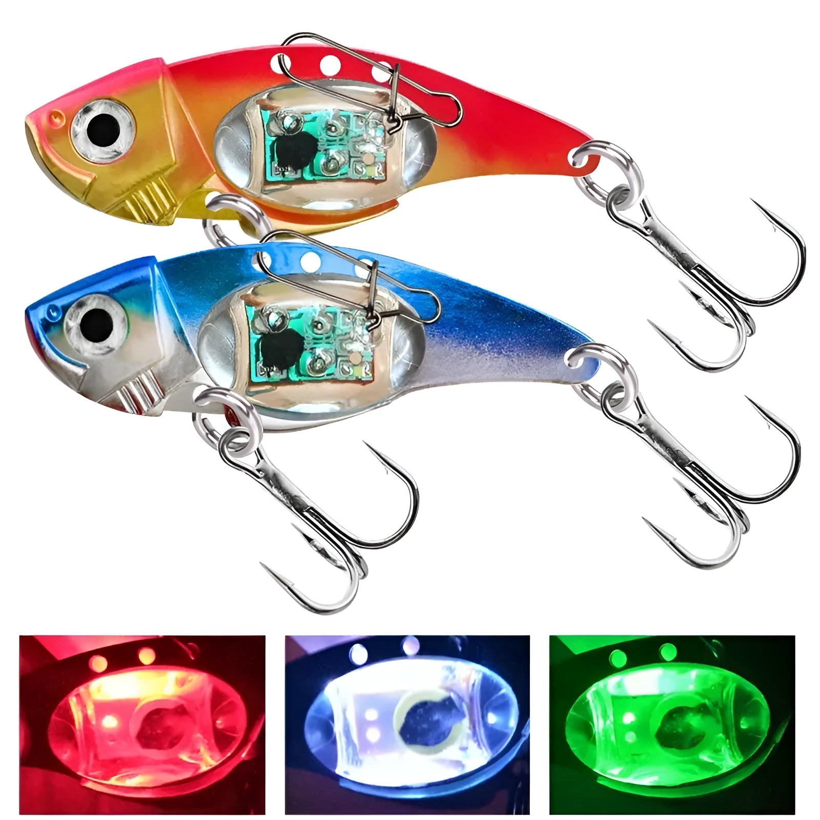 Metal Vib electronic fishing lure with luminous body in blue and red colour options