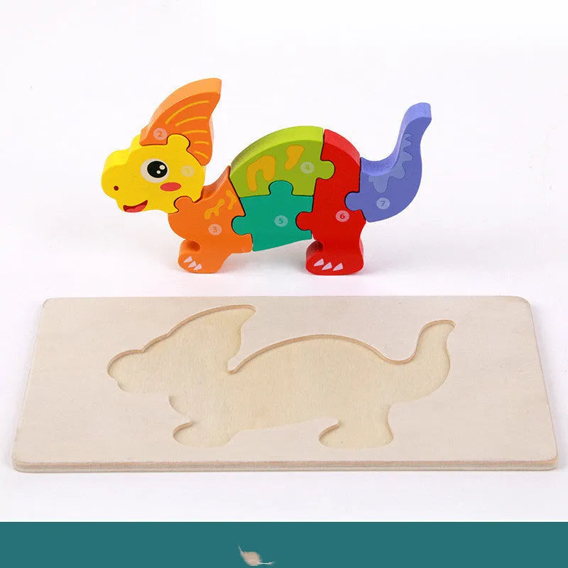 Wooden building blocks for children's 3D dinosaur puzzles including T-Rex and Triceratops