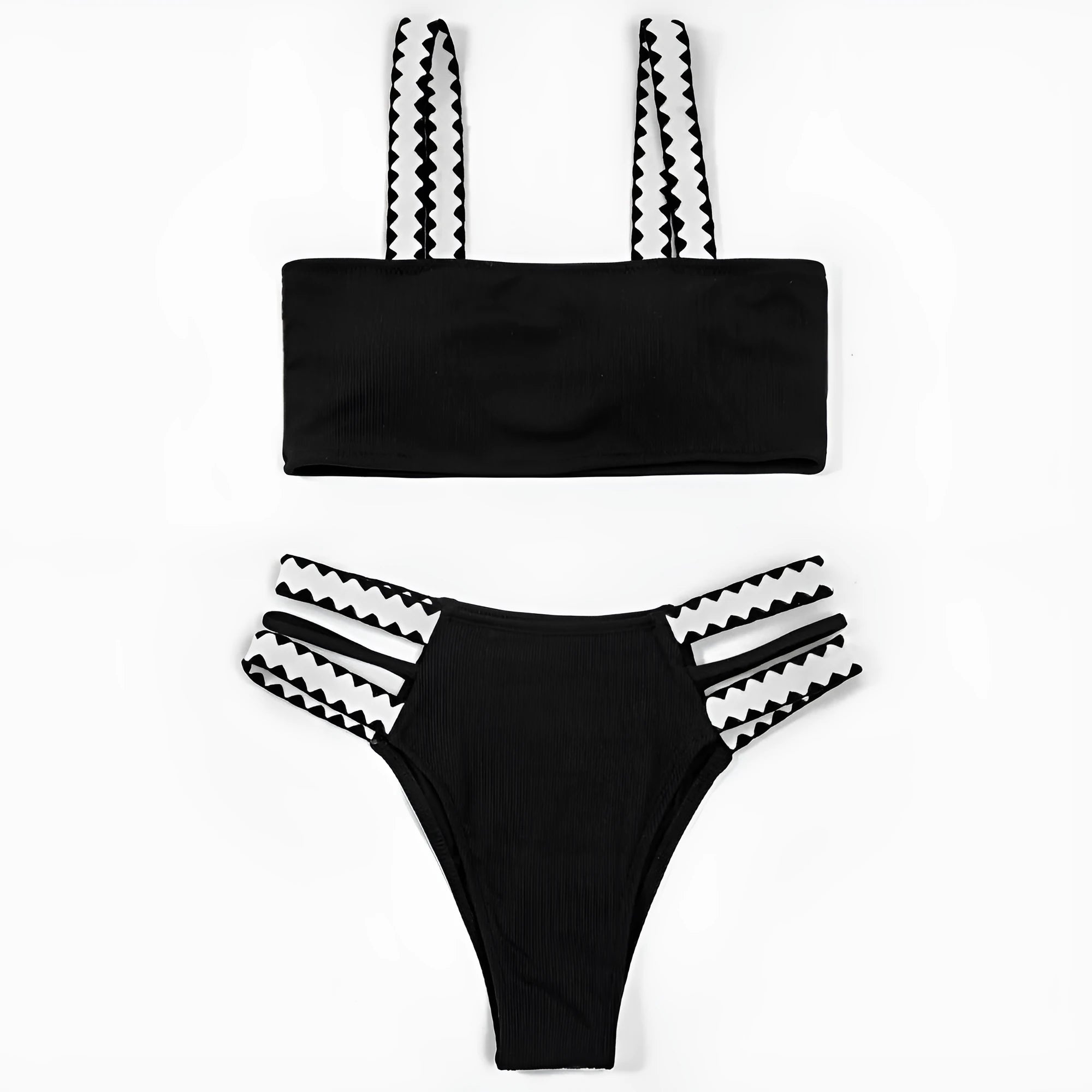 Black women's hollowed-out split swimsuit bikini set on mannequin