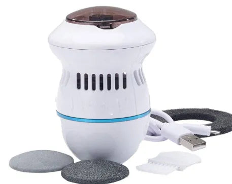 Beige electric foot file grinder with vacuum system and USB charging cable