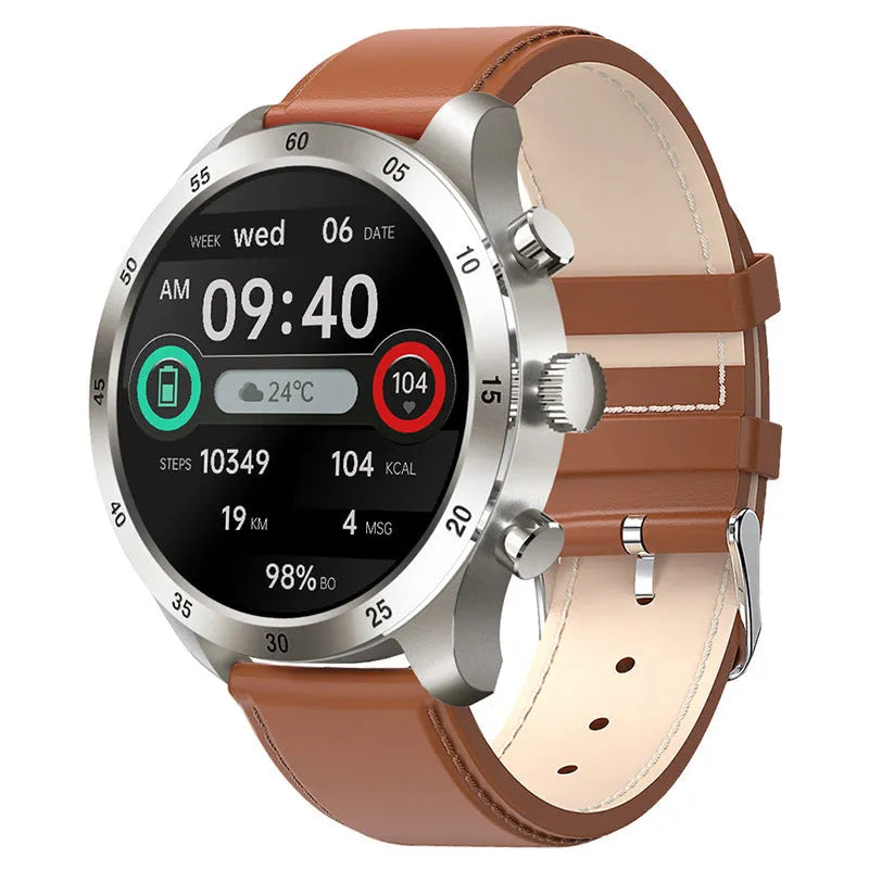 Black smart watch with colour display on a silicone strap, showing fitness stats and call interface.