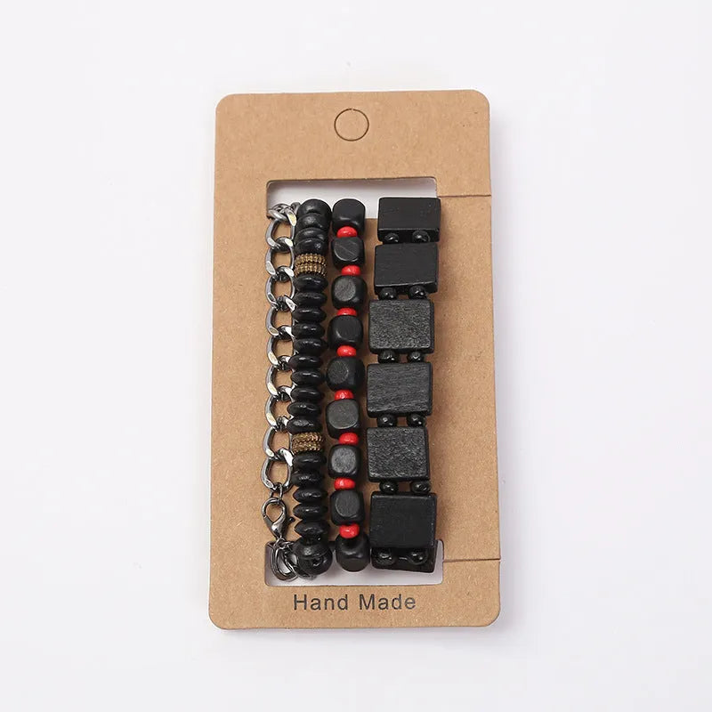 Retro woven alloy men's beaded bracelet set with four different coloured bracelets on a white background