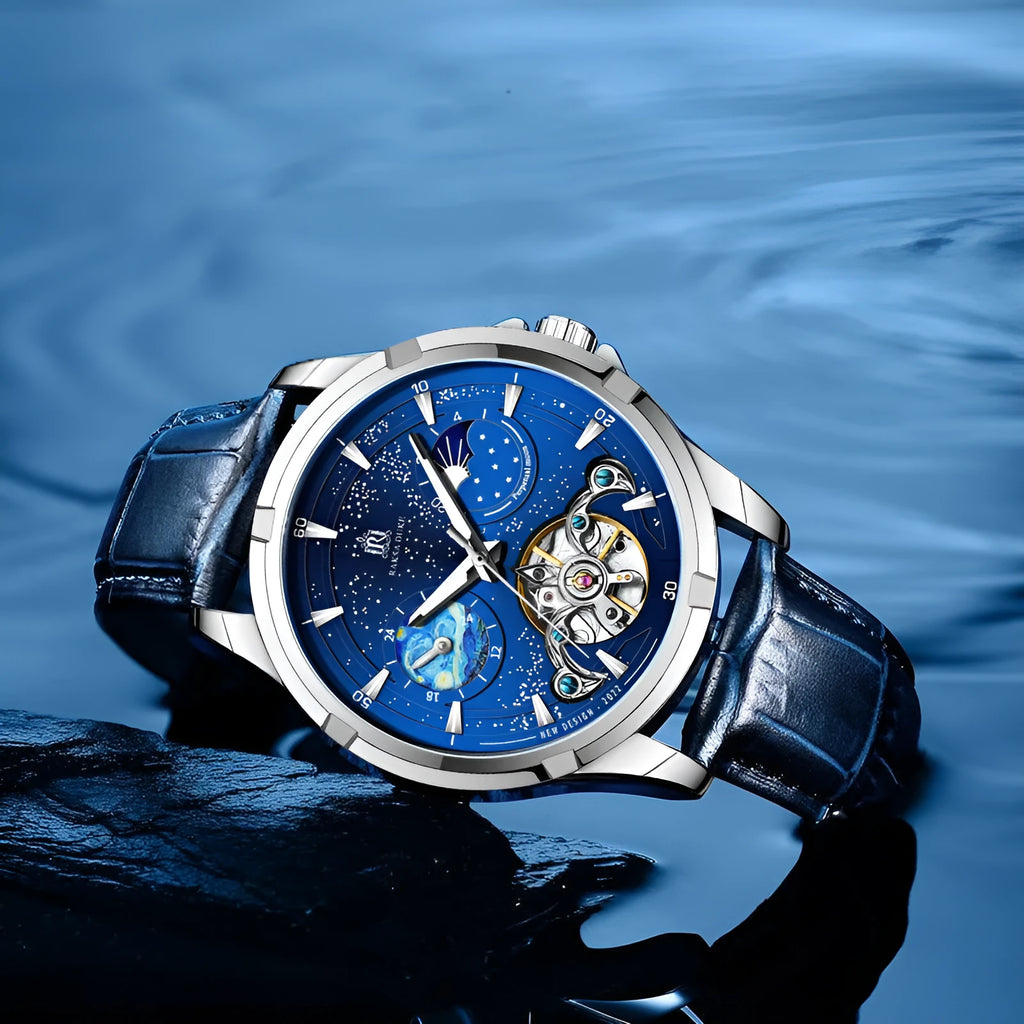 Blue men's automatic skeleton watch with stainless steel bracelet and day-date window