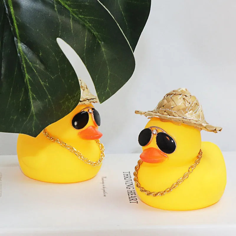 Cartoon straw hat yellow duck car decoration with matte finish on dashboard