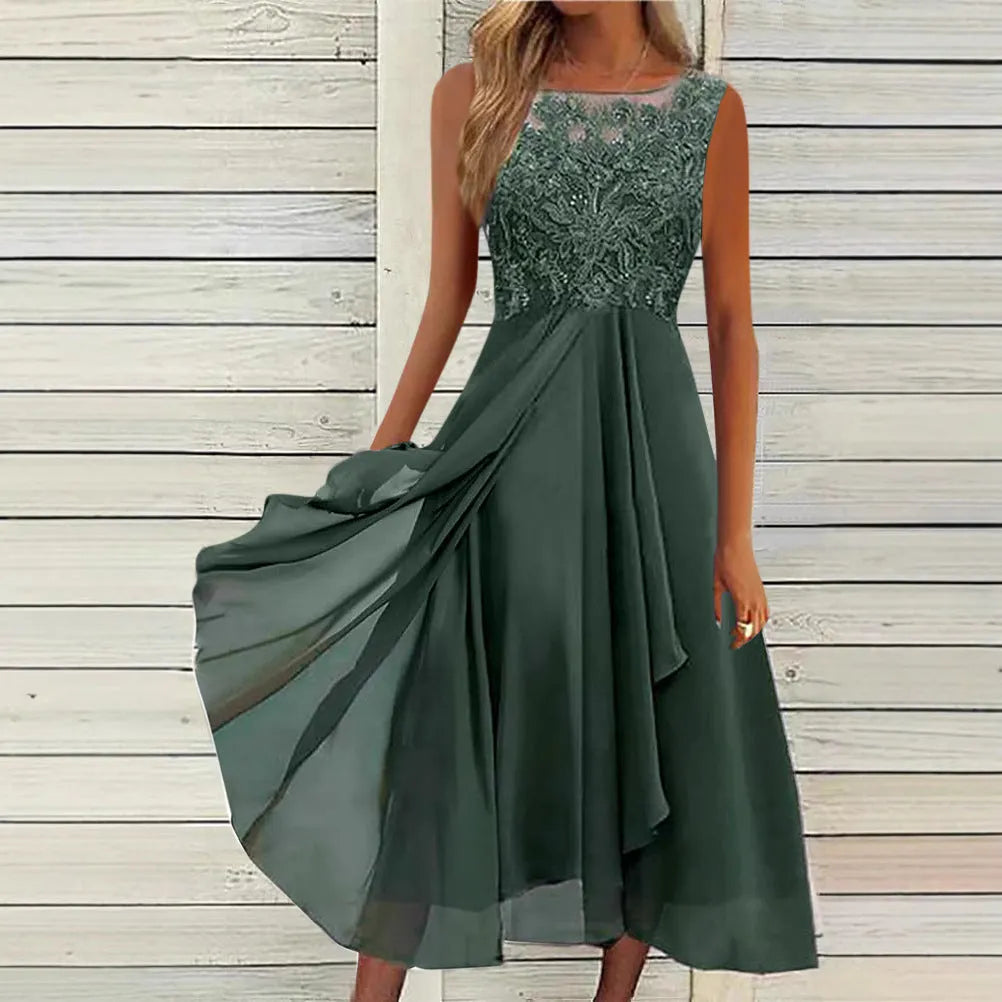 Women's sleeveless lace and chiffon dress in a princess style, shown in green colour.