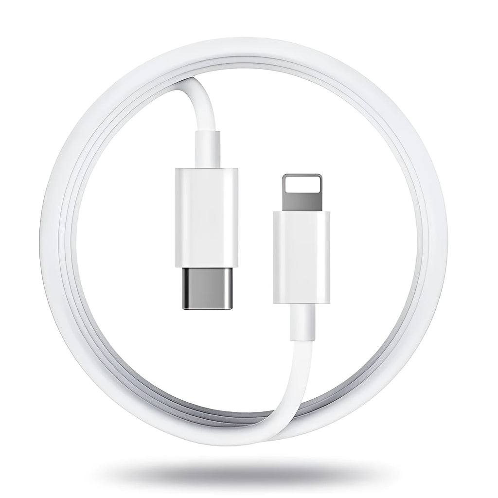 Grey Apple Lightning charging cable with 20W fast charge, shown in different lengths.