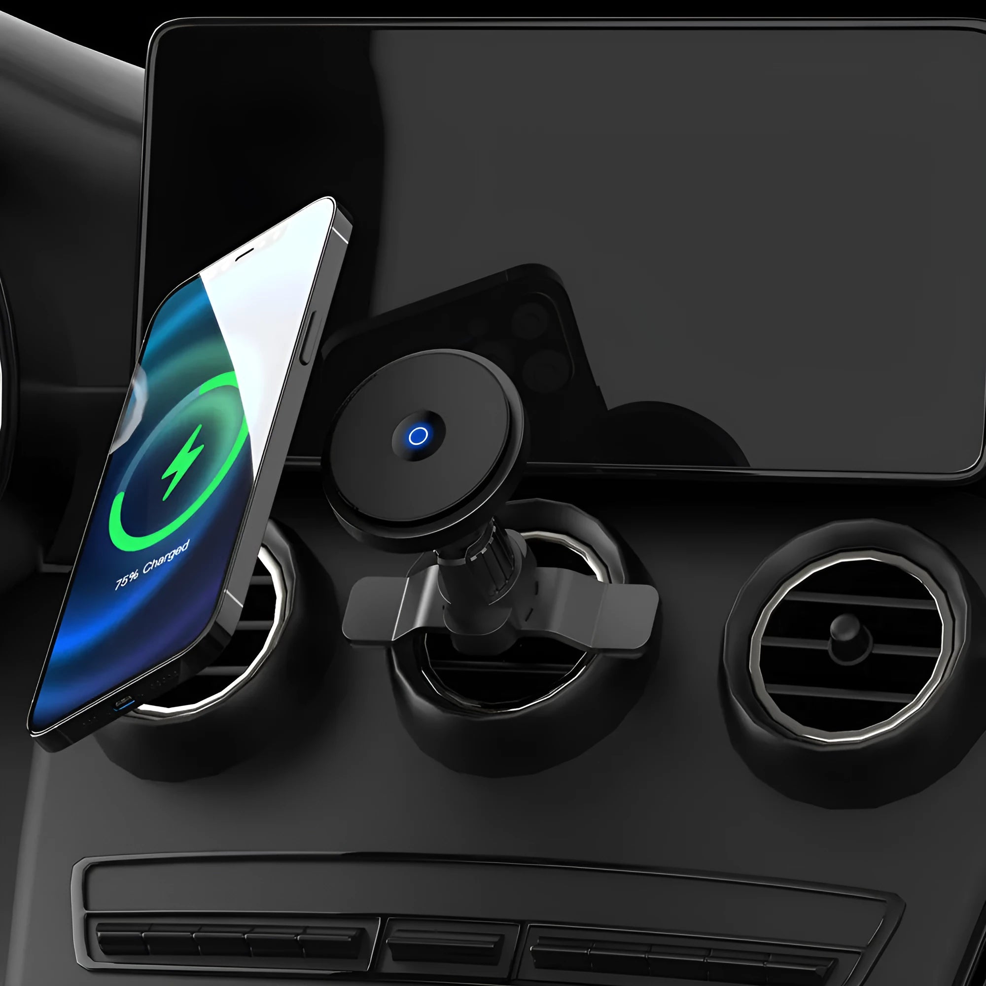 Metal 15W magnetic wireless car charger mounted on a car air vent, showing black, blue, and silver colour options.