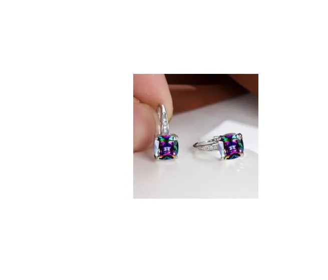 Geometric ear clips with square colourful moissanite inlays and electroplated gold finish