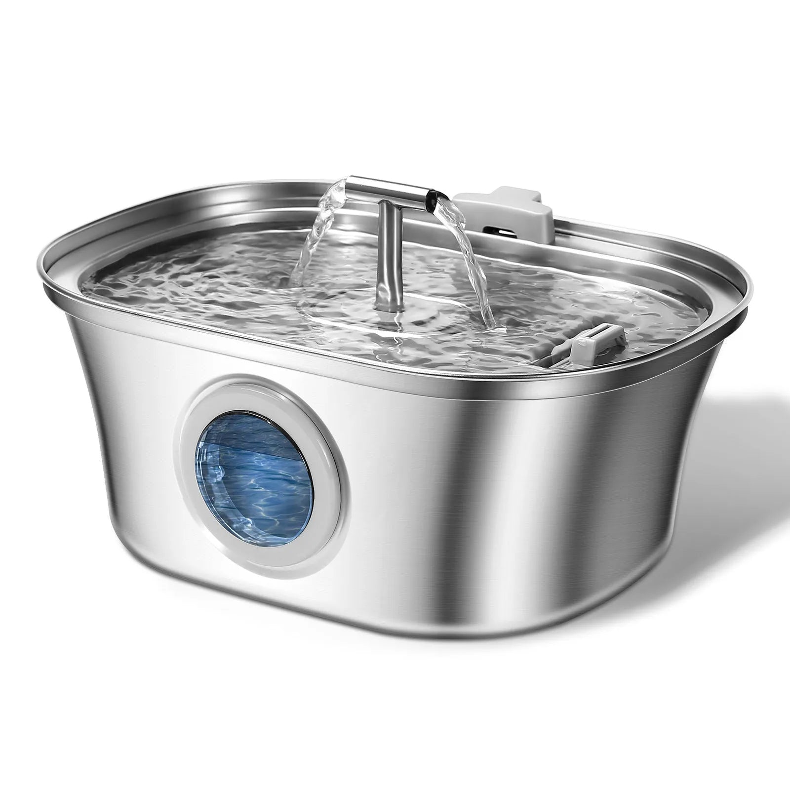 Stainless steel pet water dispenser with round basin and window faucet for dogs and cats.