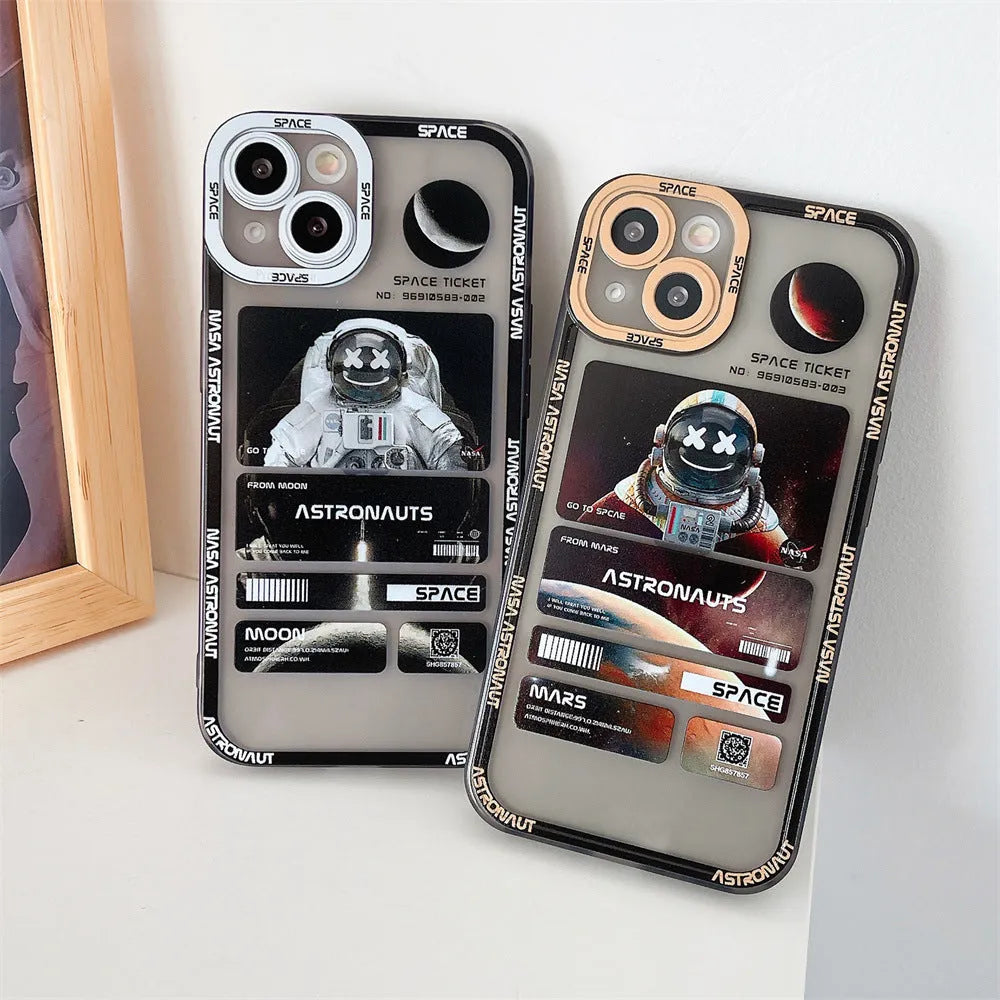 Blue and black graffiti space astronaut design on a silicone iPhone case for iPhone 13.