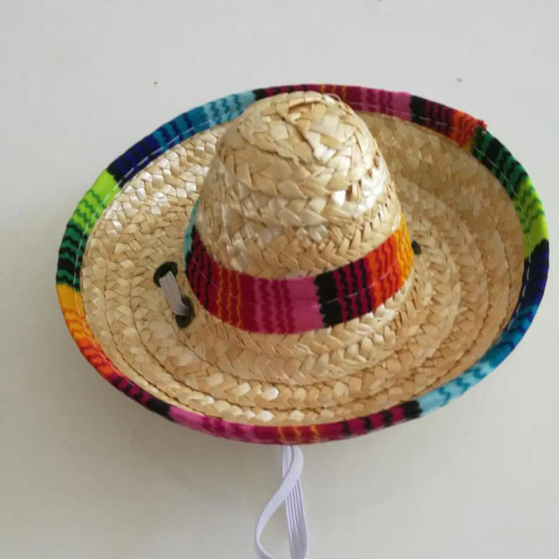 Mini woven straw pet hat for small dogs and cats, one size, 16cm diameter, Mexican-style pattern