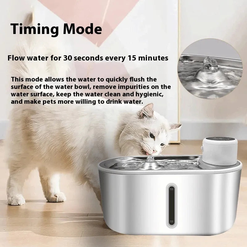 Silver non-plug-in infrared induction pet drink fountain made from all stainless steel with 4000mAh capacity