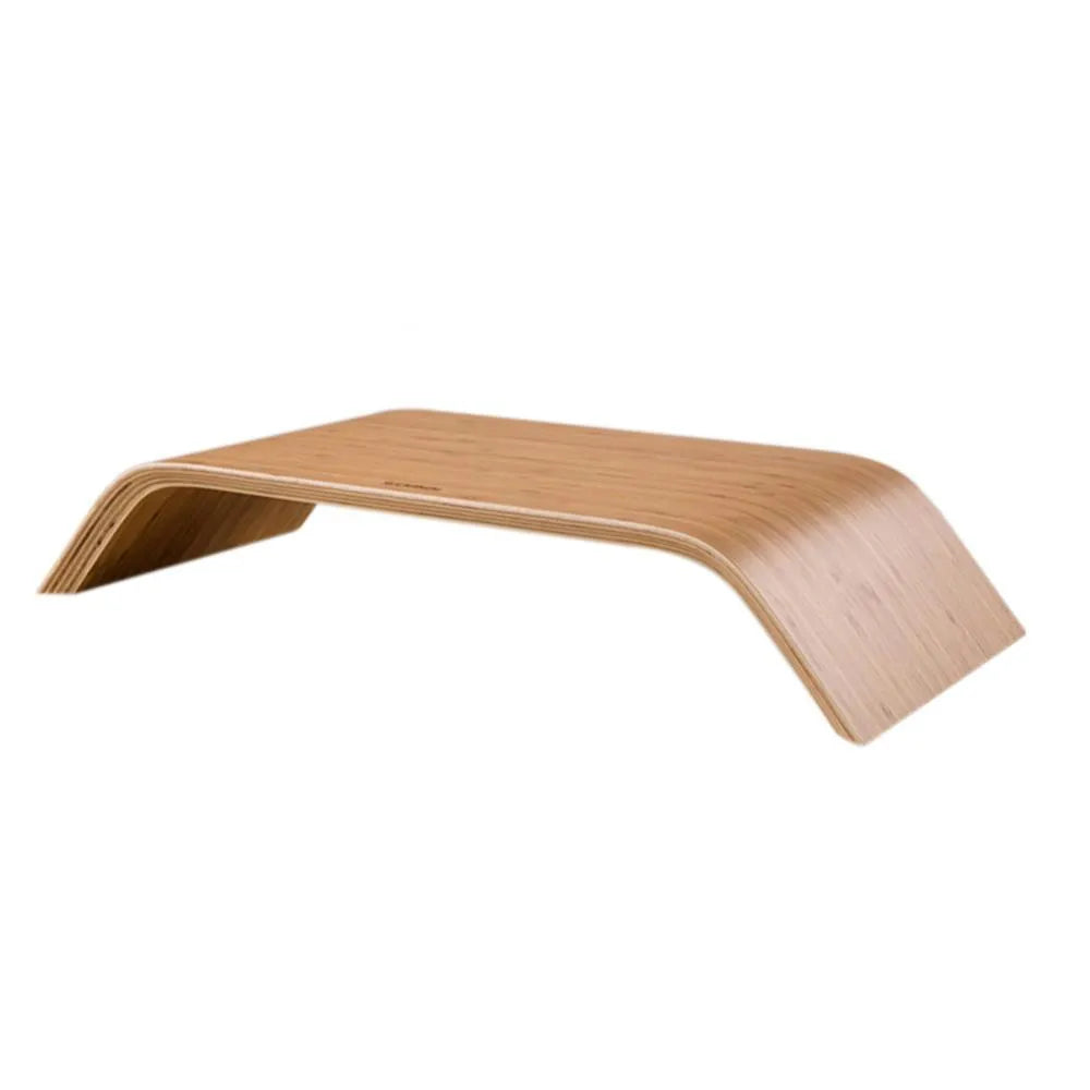 Walnut stability bracket laptop stand in bamboo leather colour, 23x51x9cm, on a desk