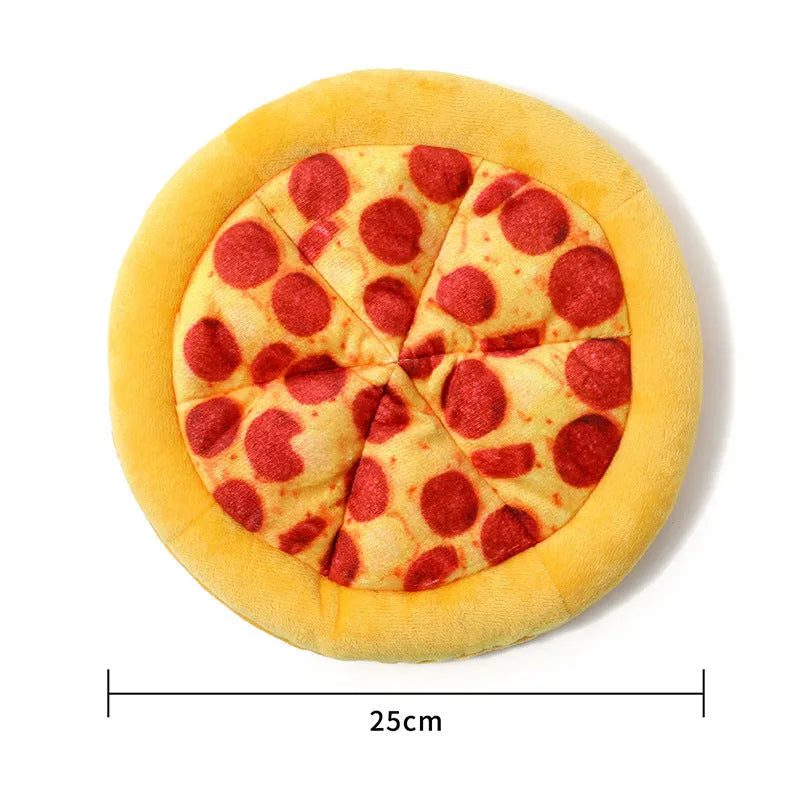 Yellow pizza-themed teddy dog chew toy with squeaker for interactive play and dental health