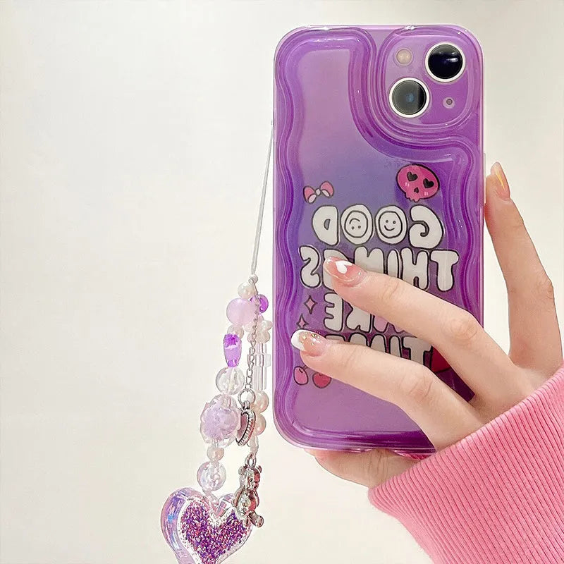 Purple graffiti English love pendant design iPhone case with attached bracelet.