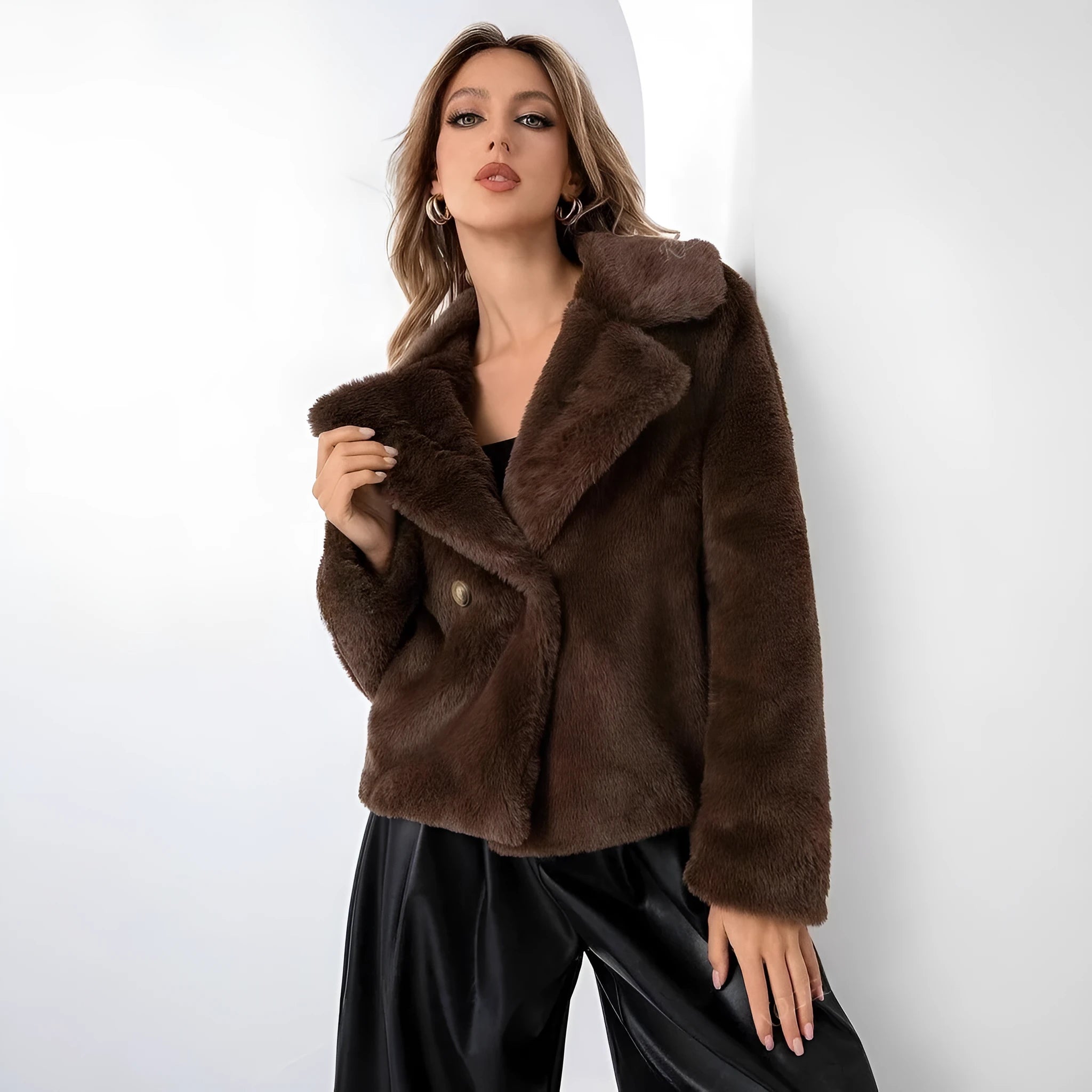 Women's short loose coat in rose red artificial faux fur with regular sleeves