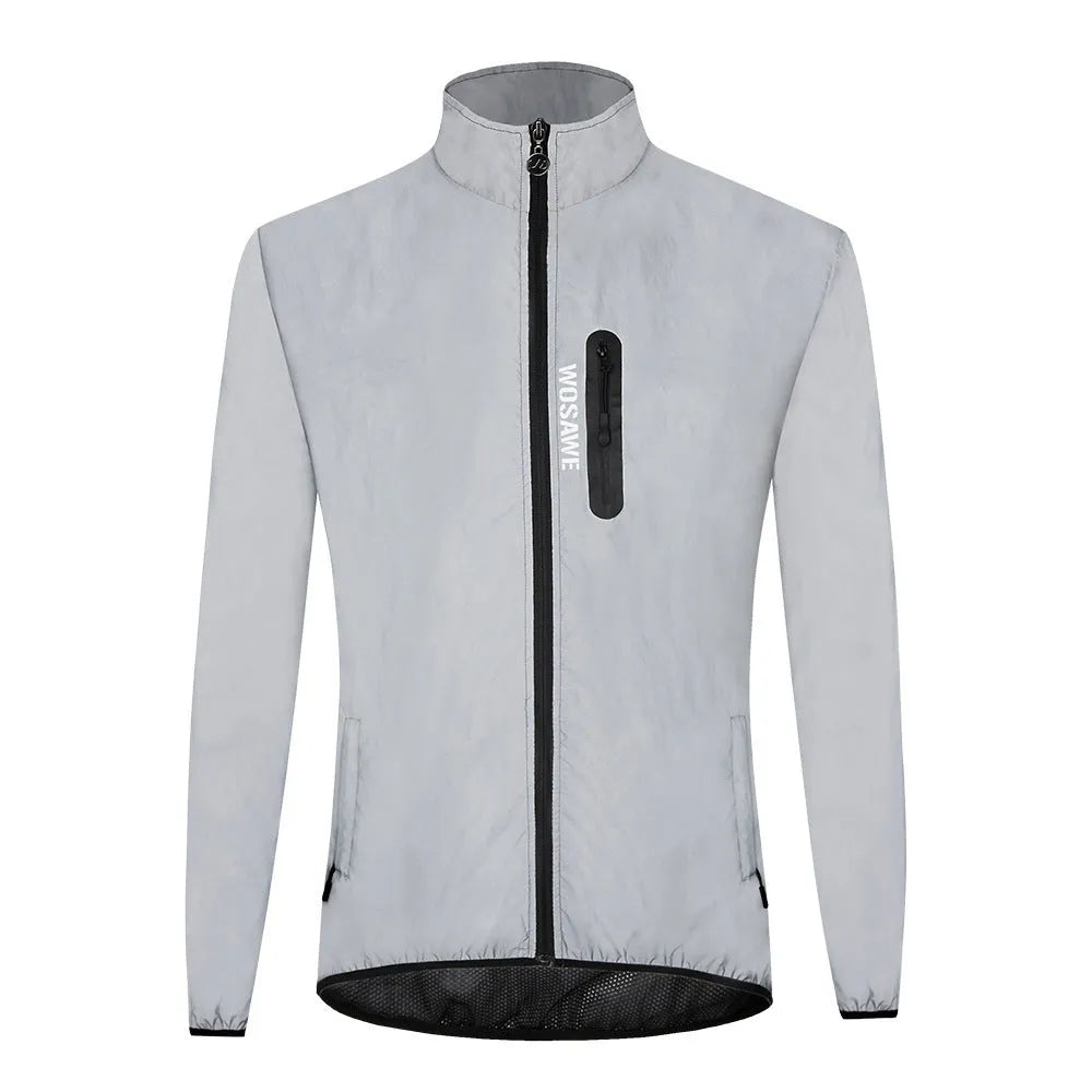 Silver waterproof polyester long sleeved jacket showing front view with size label indicating Asian and European conversion