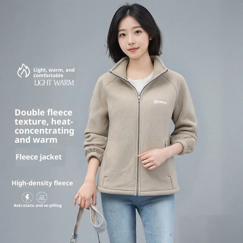 Polar fleece jacket cardigan with stand collar and zipper front in orange colour, polyester fabric, available in sizes S to XXL