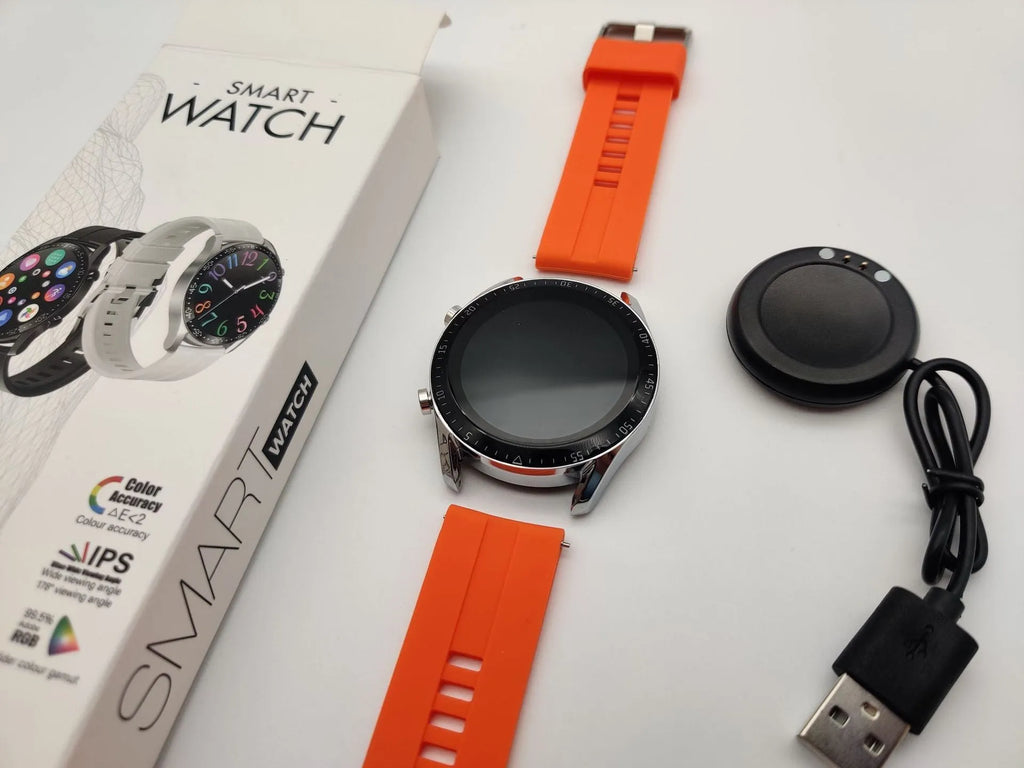 Round smartwatch with Bluetooth calling on wrist, showing dark colour option with fitness tracking display