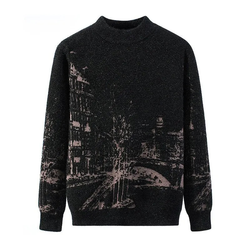 Autumn winter thick mink velvet round neck long sleeve pullover sweater in gray with slim fit and printed details for women