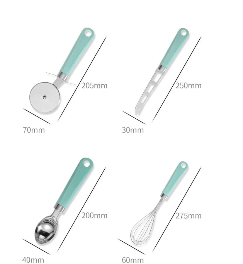Kitchen utensil set with stainless steel heads and plastic handles including grater, whisk, and can opener