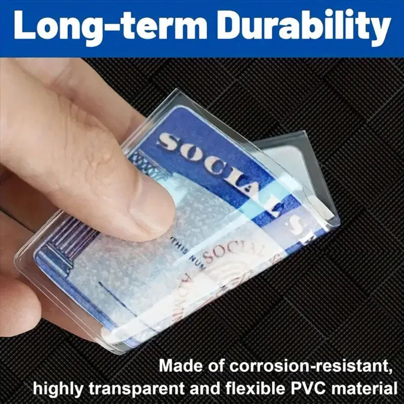 Clear PVC waterproof cover for a social security card, showing dimensions of 9.7 by 5.9 centimetres.