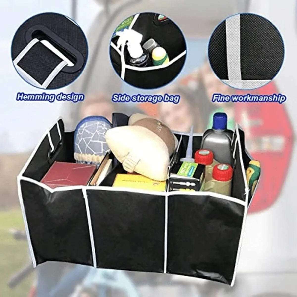 Black large capacity car multi-pocket trunk organizer with foldable lid in vehicle trunk