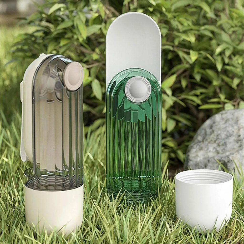 Foldable portable dog water bottle with built-in food dispenser in beige or green.