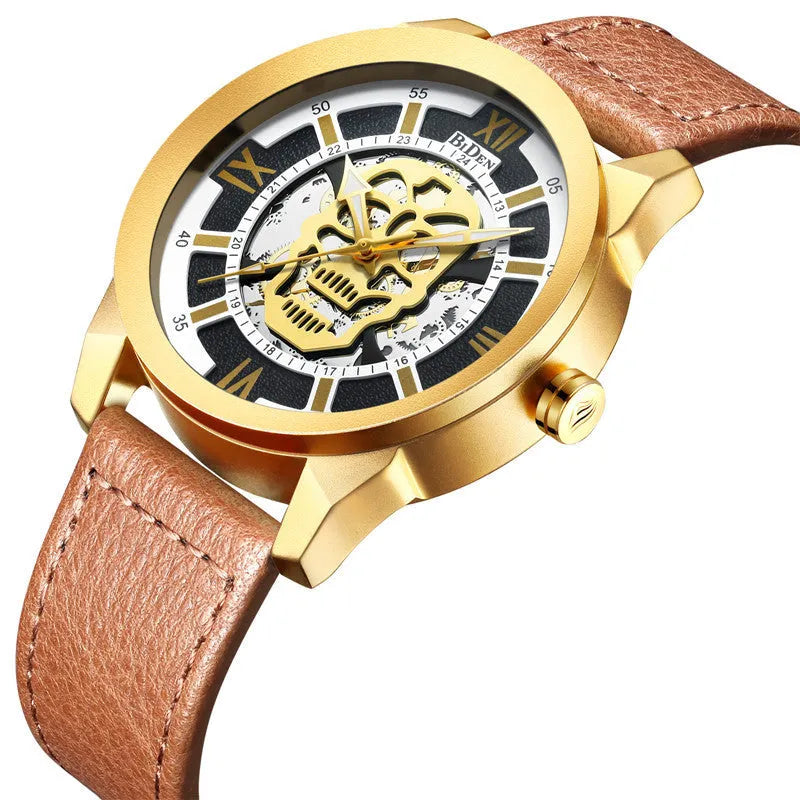 Biden men's hollow quartz watch with brown strap showing calendar function and 4.3cm case