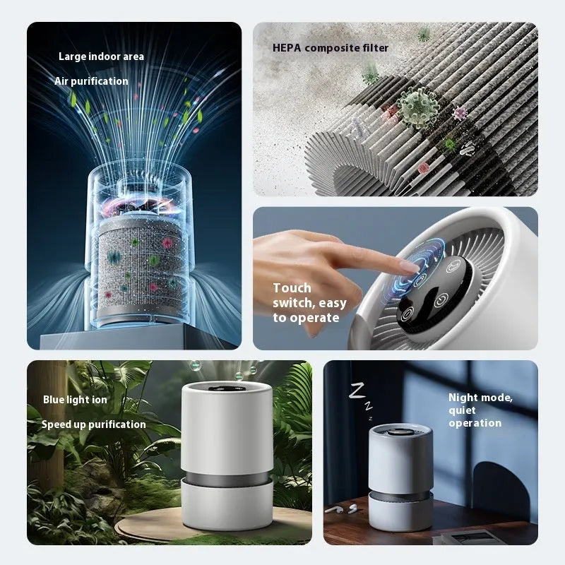 White EJ-JHQ101 desktop air purifier with USB cable for small room air cleaning