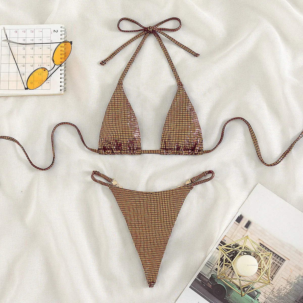 Women's solid colour T-back split bikini swimming costume in polyester fabric