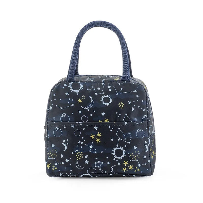Insulated thermal lunch bag handbag in Oxford cloth with aluminium foil, showing colour options.