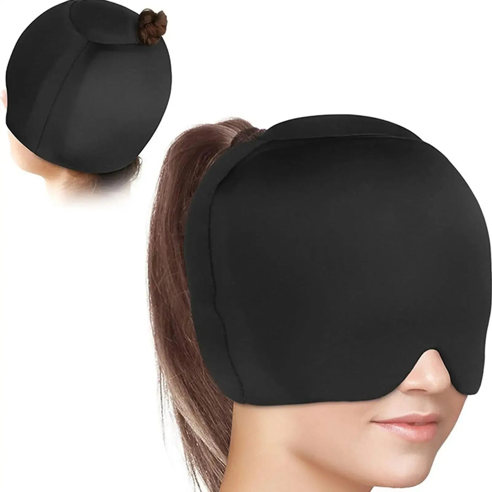 Simple solid colour fully enclosed cold compress cap for head cooling.